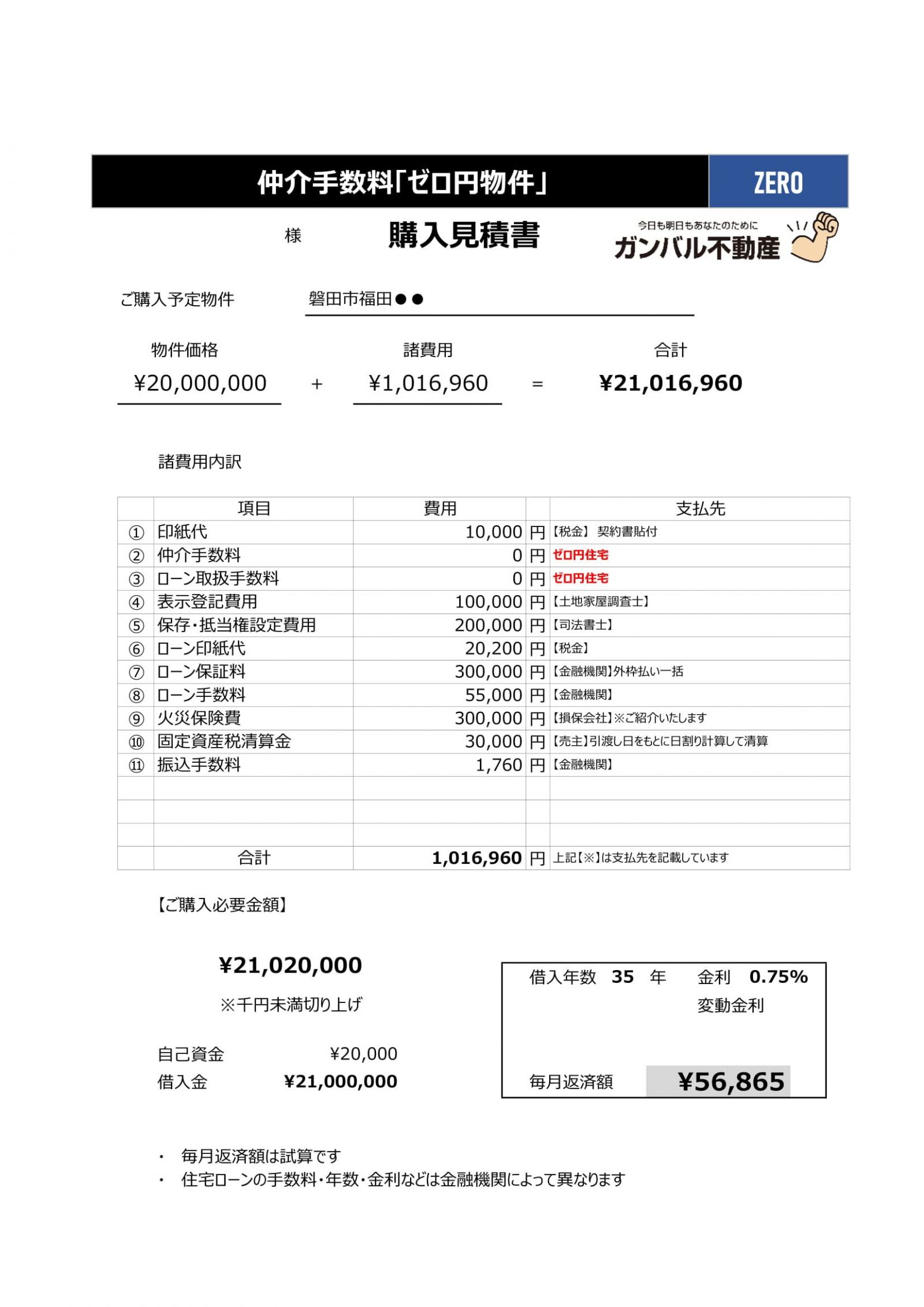 「ゼロ円住宅」購入見積書